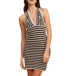 Lucy Paris Black and Cream Striped Halter Mini Dress